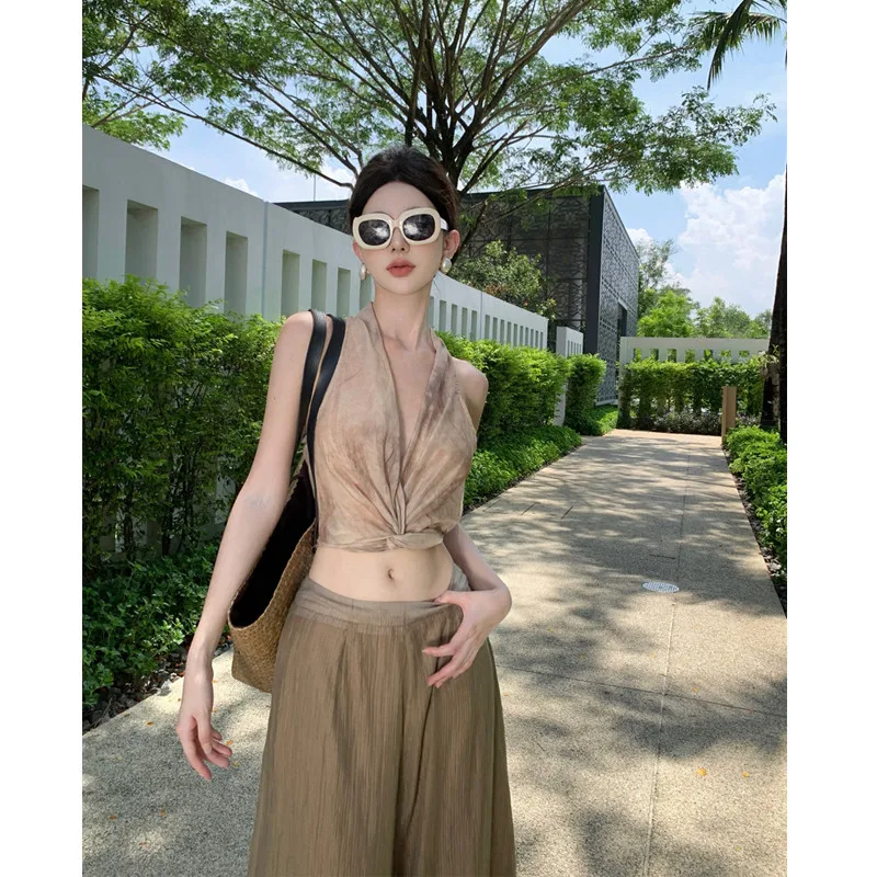 夏旅行ルーズな気分の女性のハイウエストドレープワイドレッグパンツセットビーチレジャー快適な通気性風通しの良い