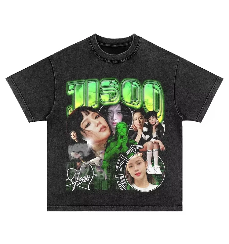 Jisoo القطن غسلها تي شيرت تي شيرت 2025 ملابس عصرية Harajuku للجنسين ملابس عالية الجودة بلايز قطنية لمحبي الهدايا