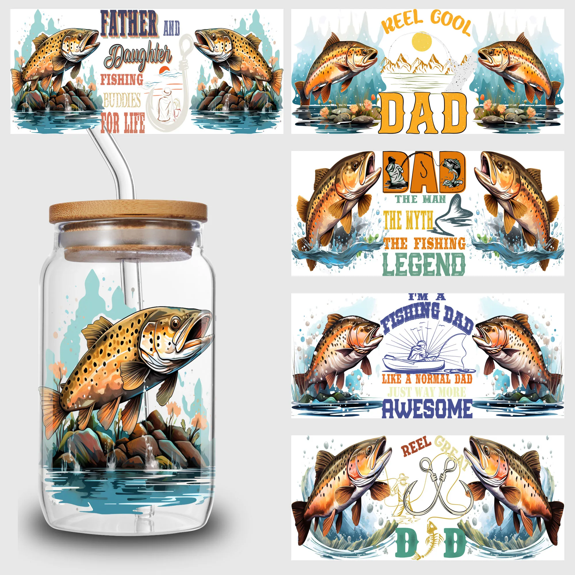 5 Sheets Fishing Dad UV DTF Cup Stickers, Glass Sports DTF Transfer Stickers, Waterproof Funny Fish Wipe Transfers