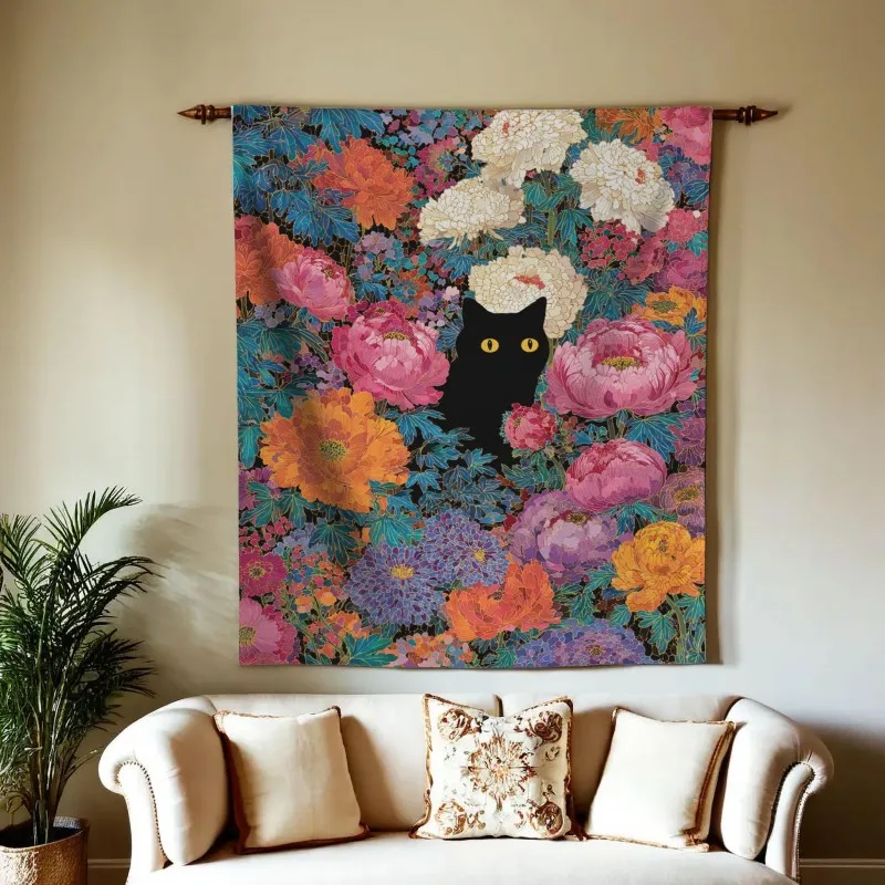 VIKAMA Black Cat Peony Tapestry Wall Hanging Chinese Floral Hidden Kitty Vintage Botanical Aesthetic Wall Art Bedroom Dorm Decor