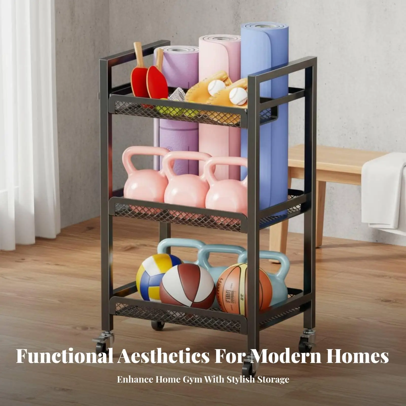 Heavy Duty Carbon Steel Sports Organizer with 3 Tier Shelves and Basket for Dumbbells Exercise Mats Basketballs Rackets and Gym