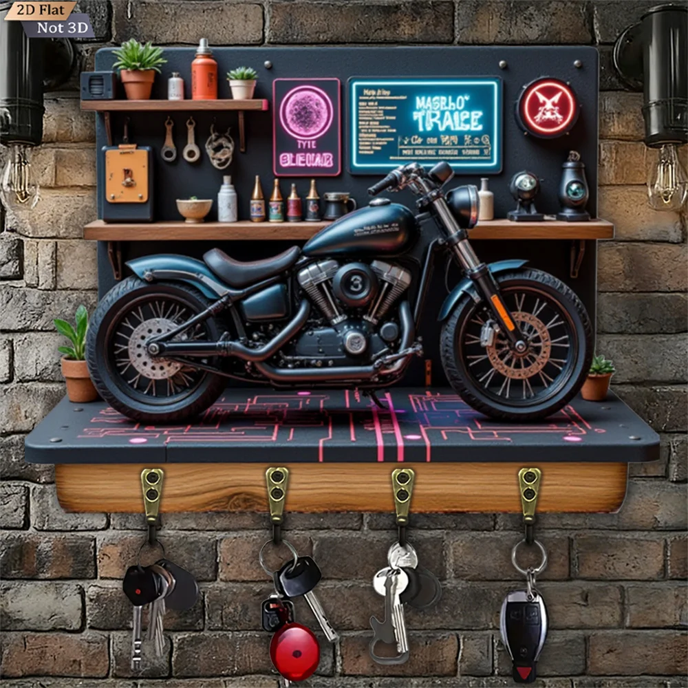 2D Flat, 1pc, Motorcycle Shaped Key Hook, Wooden Multifunctional Home House Key Hook, with Four Metal Hooks, Wall Decoration,