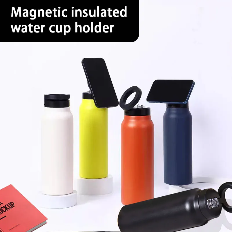 An insulated water bottle with magnetic cell phone holder, thickened portable outdoor sports/travel hydration heat preservation