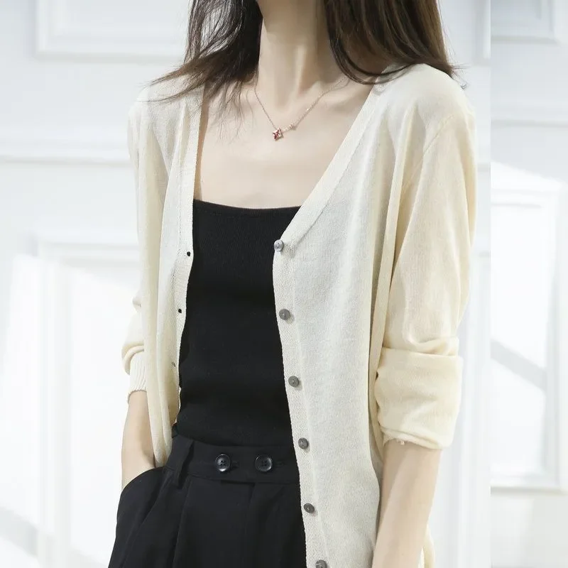 

Весенне-летний новый стильный тонкий свитер с v-образным вырезом для женщин, летняя солнцезащитная одежда для женщин, куртка-кардиган