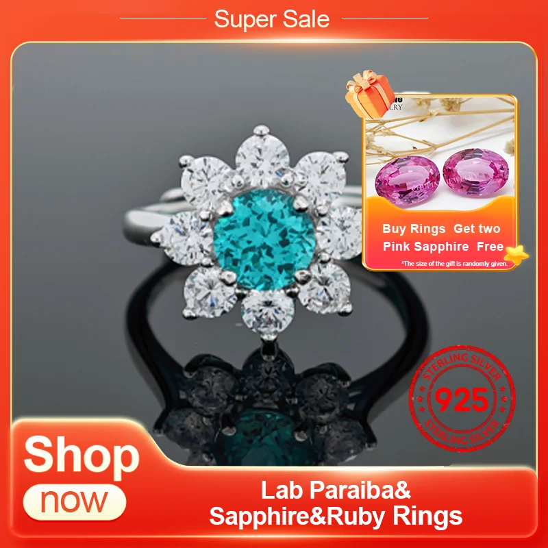 

ChuPing Fine Jewelry Lab Paraiba&Sapphire&Ruby Round Cut 6mm S925 resizable Ring With Sunflower Shape Elegant Suitable For Party