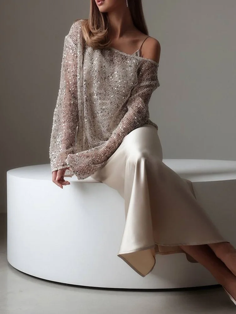 

Women Sexy Crew Neck Hollow Out Shirts Spring Solid Sequin See-through Top Pullover Autumn Long Sleeve Loose Party Blouses Mujer