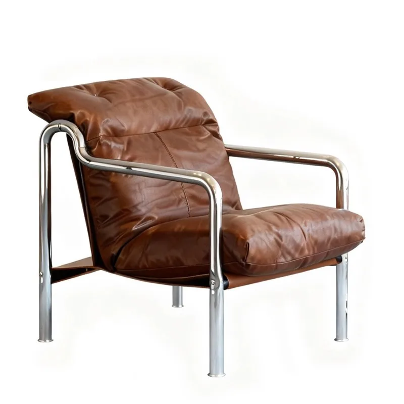 

Retro Minimalist B & B Cafe Leather Single Sofa Chair Medium Antique Living Room Stainless Steel Bauhaus Leisure Chair