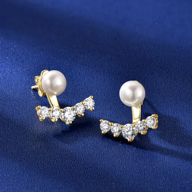 OXTAO 6.5-7mm Freshwater Cultured Pearl Jacket Earrings for Women S925 Sterling Silver 4mm&3mm Moissanite Smile Earrings Jewelry