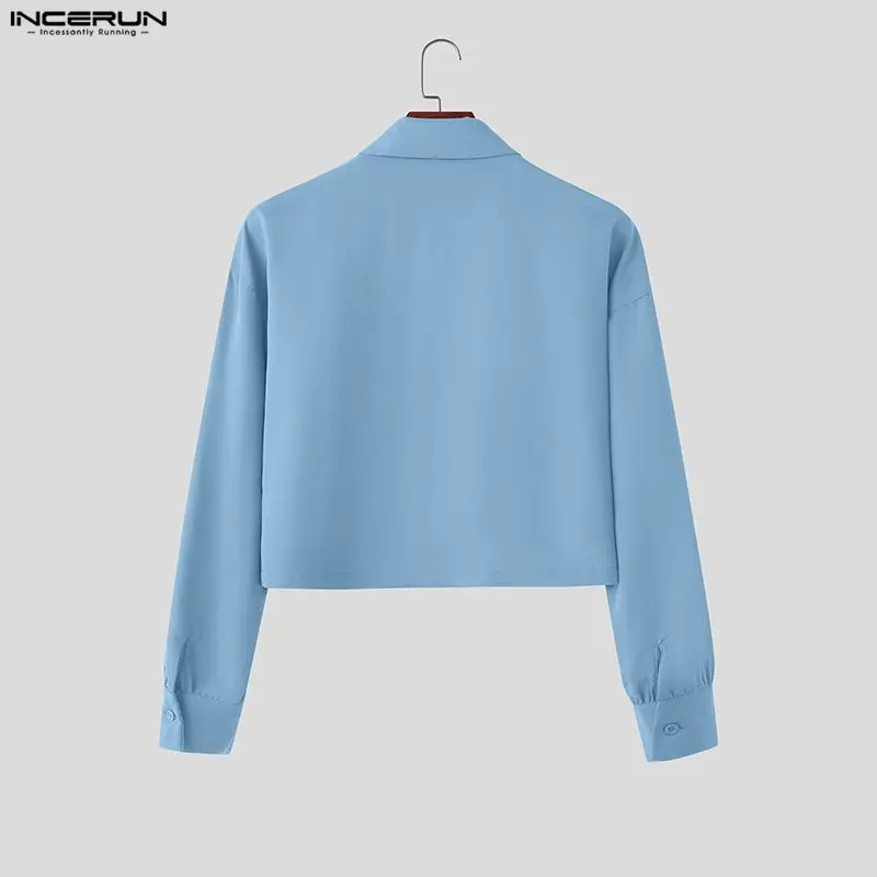 INCERUN الرجال قميص مخطط المرقعة التلبيب كم طويل ملابس الرجال غير رسمية الشارع الشهير جيوب فضفاضة قمصان الموضة الذكور المحاصيل القمم