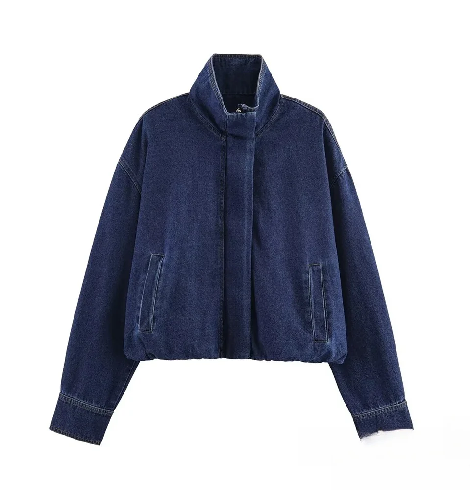 

KONDALA Autumn Women Standing Collar Denim Jacket Pocket Zipper Loose Jacket Coat 2025 Fall Winter Streetwear Classic Lady Jacke