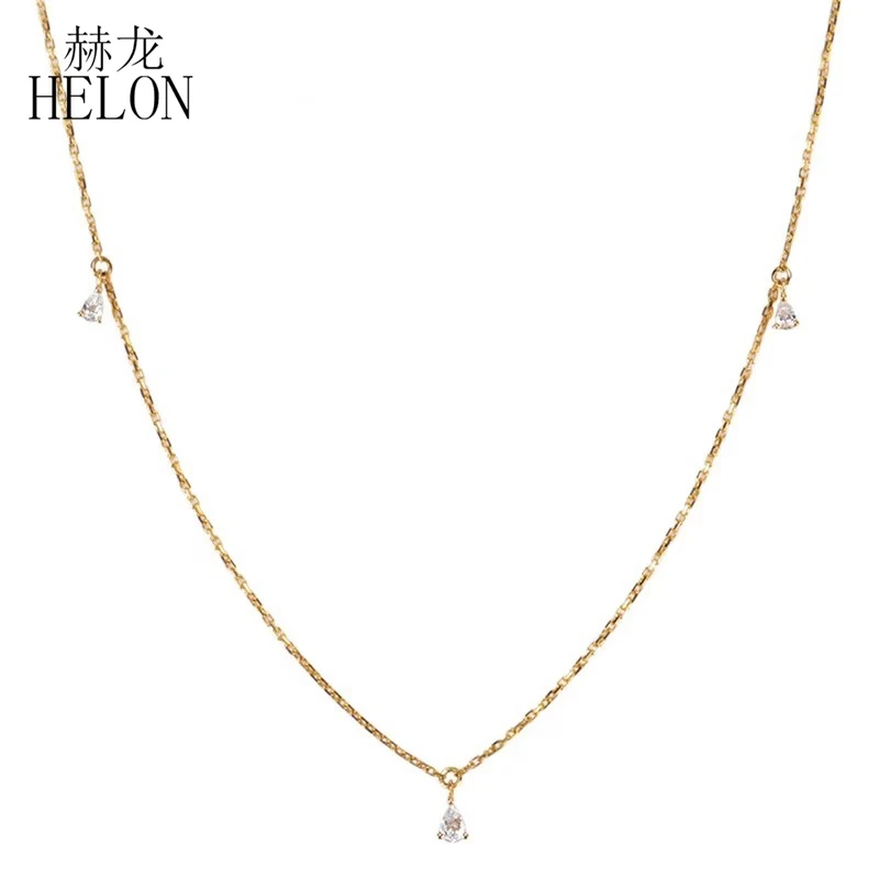 HELON Solid 18k AU750 Yellow Gold Water Drop 0.16ct Natural Diamonds Necklace Clavicle Chain Women Pendant Trendy Fine Jewelry