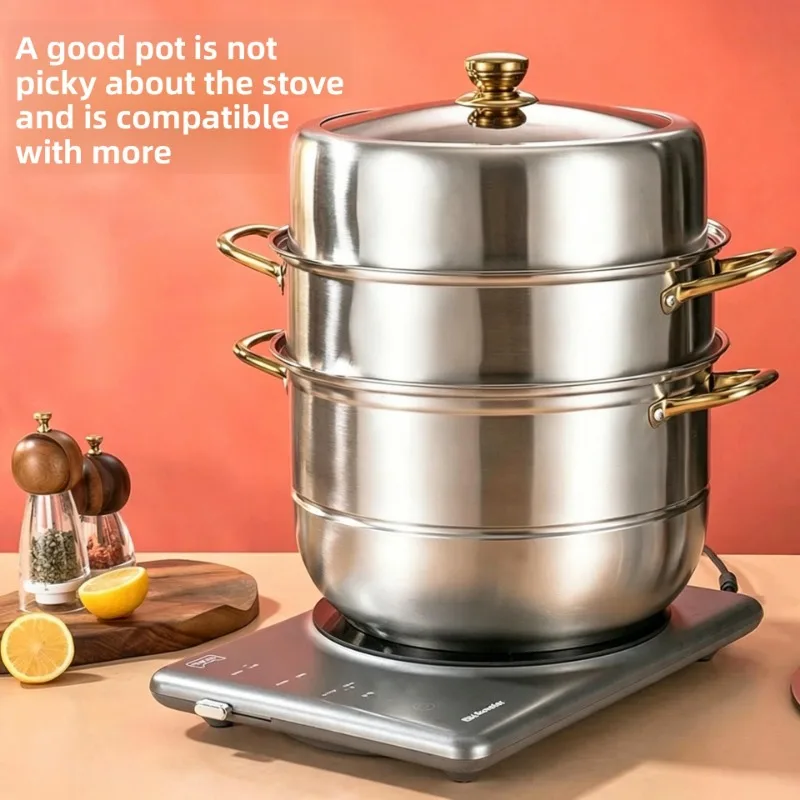 Non Magnetic Stainless Steel Steamer Pot Multilayer Large Capacity Universal Induction Gas Three Layer Steamer Steam Cooker