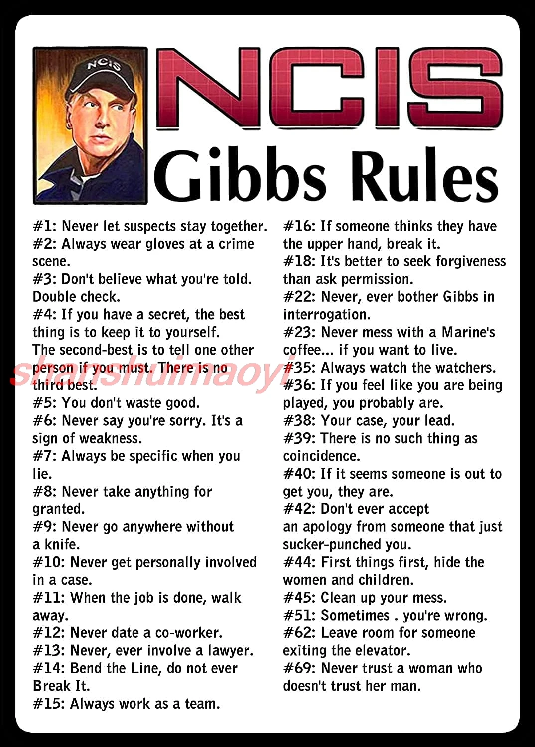 Tin Sign For NCIS Gibbs Rules 69 Rules Aluminum Sign for Home Coffee Wall Decor 8x12 Inch HAI