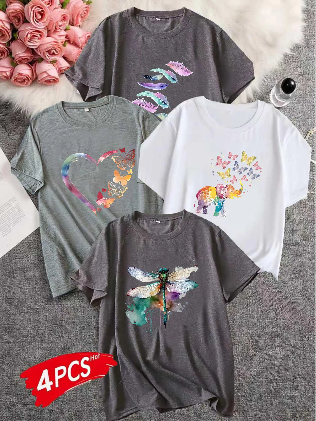 

（4pics）Women's Large Size 1-7XL Printed round Neck Short Sleeve T-shirt Comfortable Casual Top in European Style