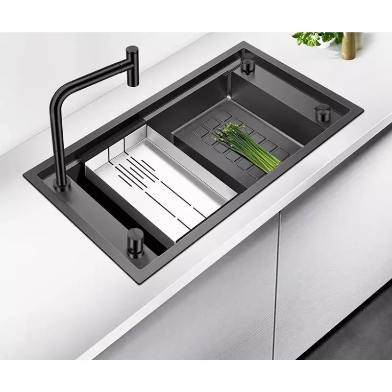 Black Nano 304 Stainless Steel Step Hand Sink Kitchen Dish Bin Dish Sink Large Single Trough