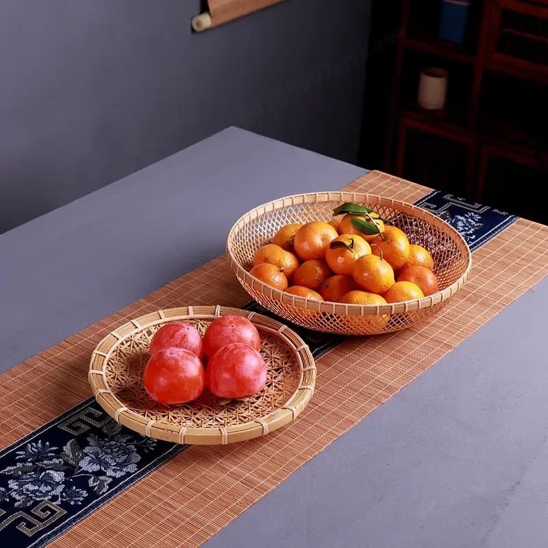White Bamboo Fruit Basket Handmade Woven Plate Natural Bamboo Products Handicraft Storage Bowl for Kitchen Home Decor