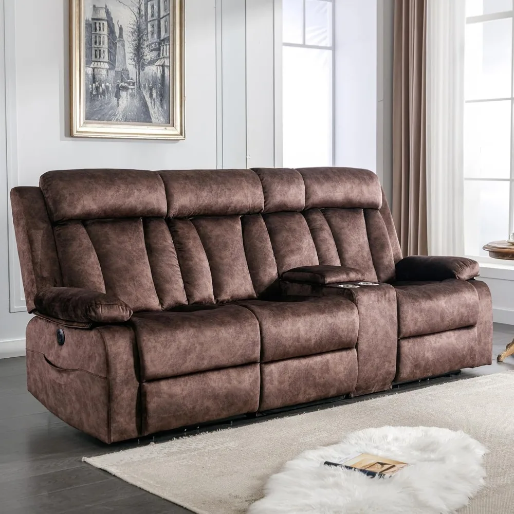 3 Seater Recliner Sofa Power Reclining Sofa with Heat and Massage Reclining Sofa with Console,Flipped Middle Backrest