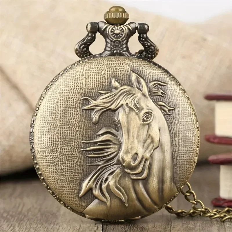 Retro Bronze Horse Hunting Pendant Pocket Quartz Watch, Clothing Accessories, Gift For Men And Women