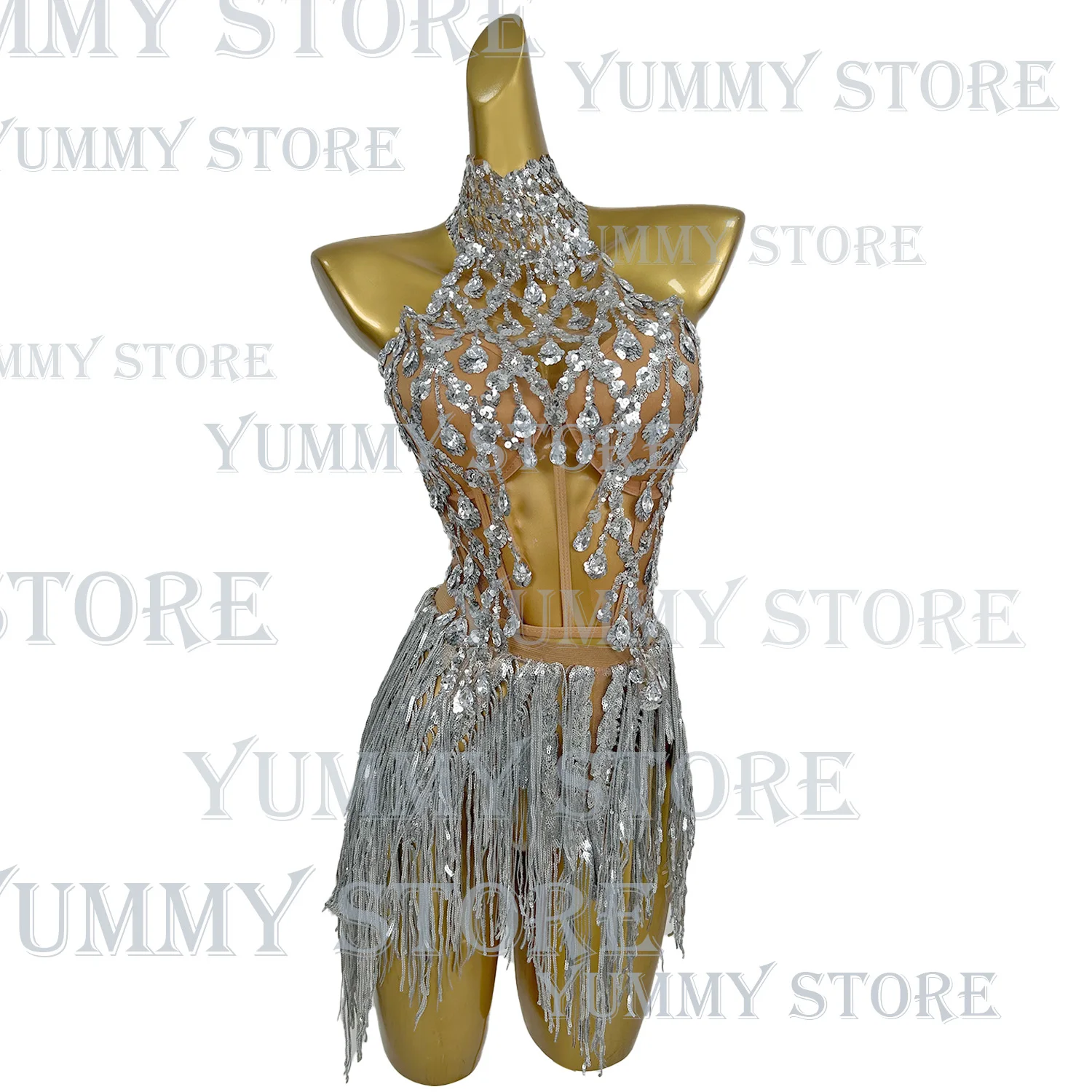 

Women's Fringe Dress Shiny Silver Sequins Tight Corset Mini Skirt 2PCS Set Nightclub Club Carnival Dress Performance xiaoniao