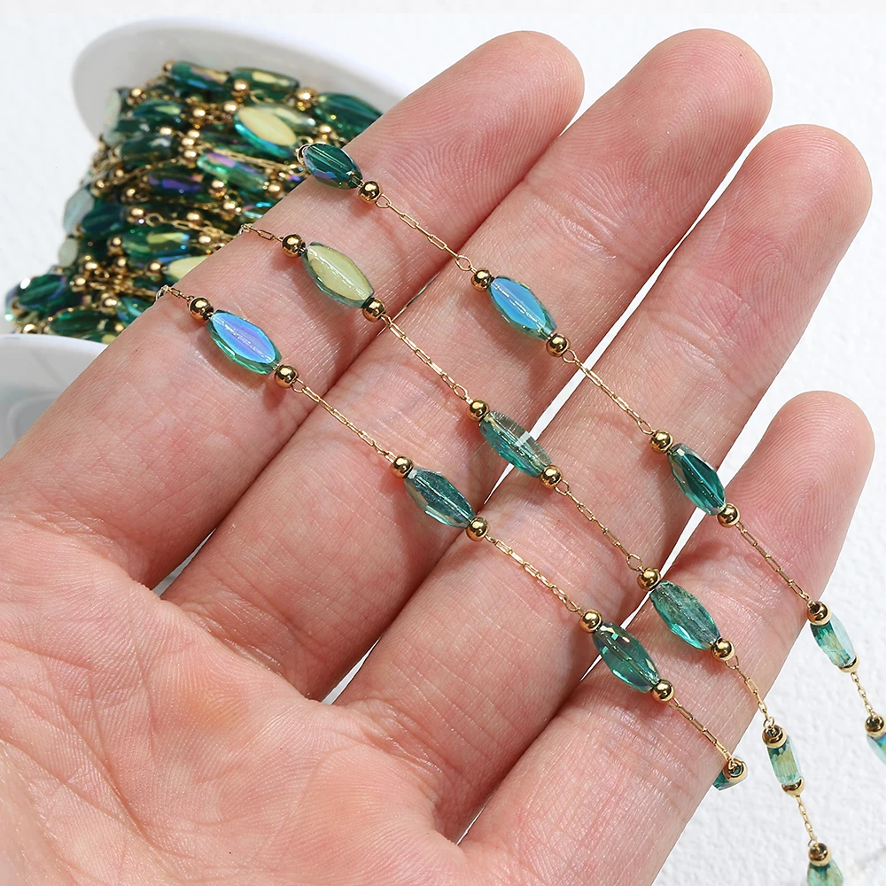 2meters 1meter Green Natural Stone Stainless Steel Crystal Beaded Chain for Necklace Bracelet Sweater Chain Jewelry Making DIY