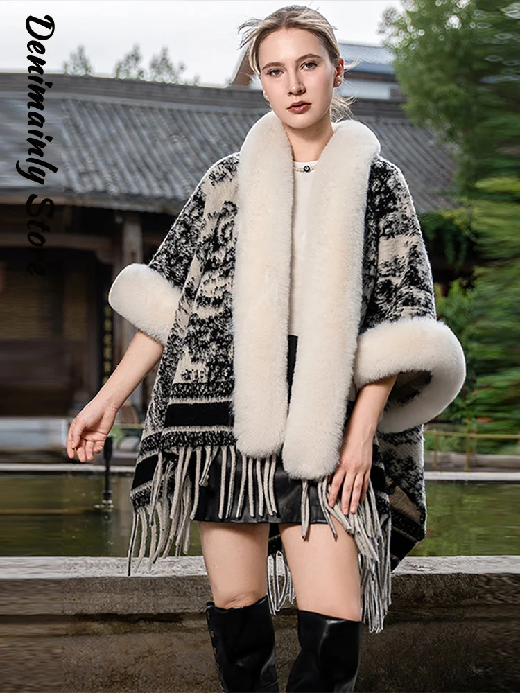 Casual Women's Fur Tassel Patchwork Shawl Cape Loose Half Sleeve Asymmetrical Cardigan Capes 2026 Autumn Winter Lady Outwear New