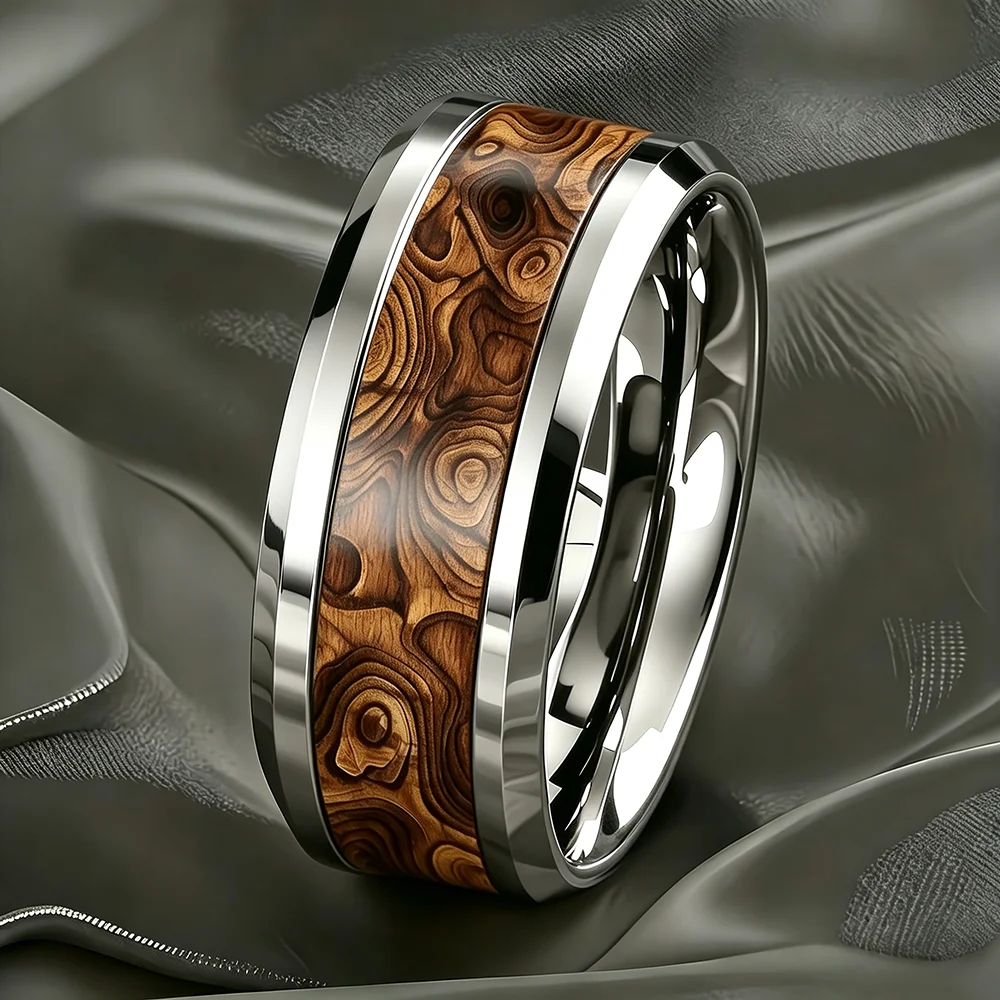 Fashion 8mm Silver Color Men Stainless Steel Ring With Brown Koa Wood Grain Inlay Rings for Men Women Wedding Band Jewelry Gift