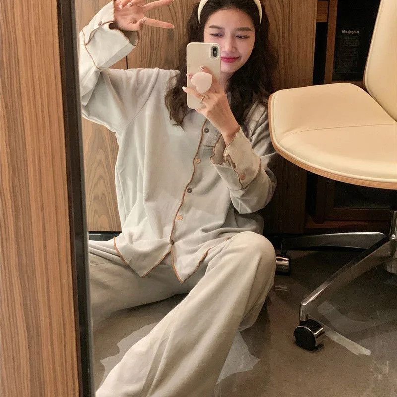 Ruffles Sleepwear Women Fleece Pajama Sets Winter Warm Piiama Button Pants Sets for Women 2 Pieces Night Wears Solid Home Suit
