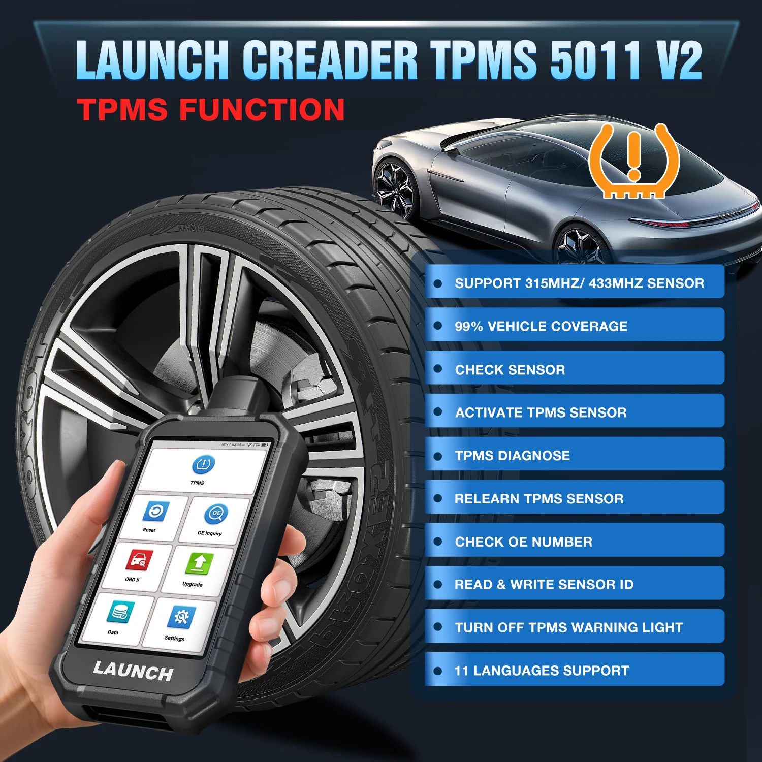 [2024 New]LAUNCH X431 Creader TPMS 5011 V2 Tire Pressure Programming Sensor Scanner Tool Supports All 315/433MHz with 12 Service