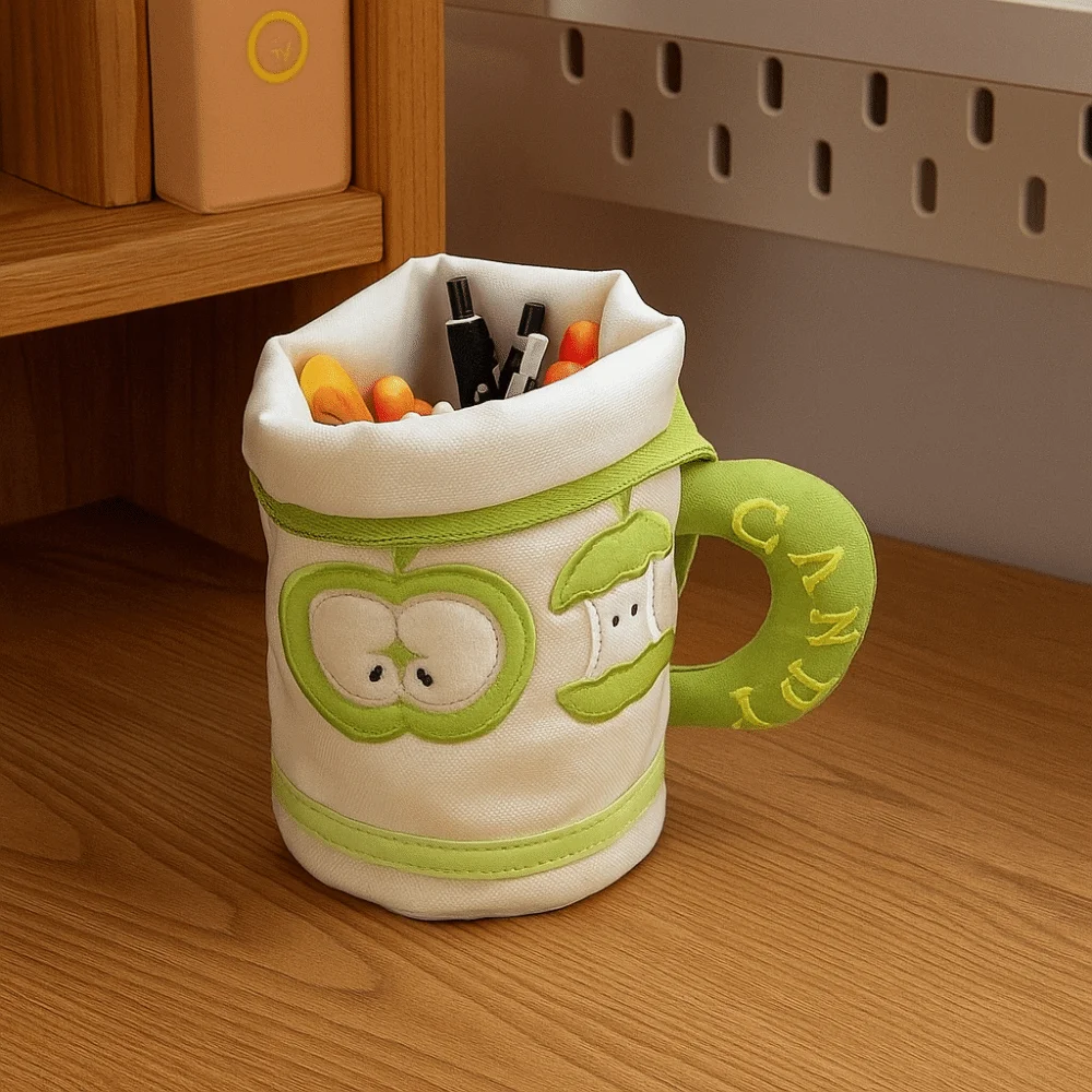Desktop Storage Cartoon Cat Stationery Bag Korean Style Large Capacity Handheld Pen Container Aesthetic Water Cup Shape