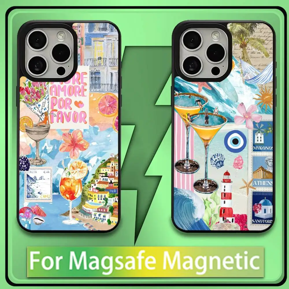 

Phone Case For iPhone 16,15,14,13,12,11,Plus,Pro,Max,Mini Seaside Scenery Wine Lemon Soft Magesafe Magnetic Wireless Charge