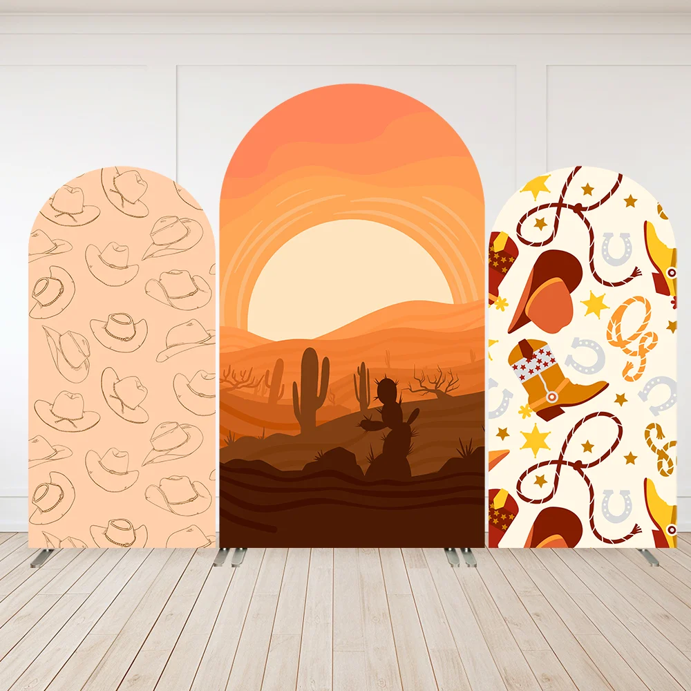 

Sunset Cactus Theme Birthday Arched Backdrop Cover for Baby Wild West Cowboy Arch Wall Western Party Banner Supplies Background