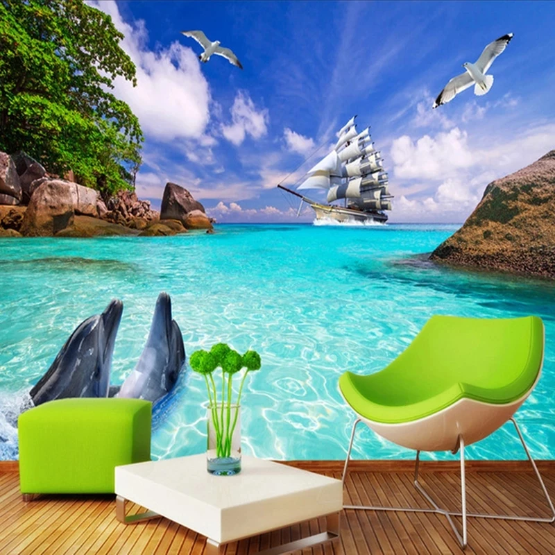 Customized 3D Photo Wallpaper Dolphin Sea Island Nature Landscape Mural blue sea Living room TV background bedroom restaurant 8d
