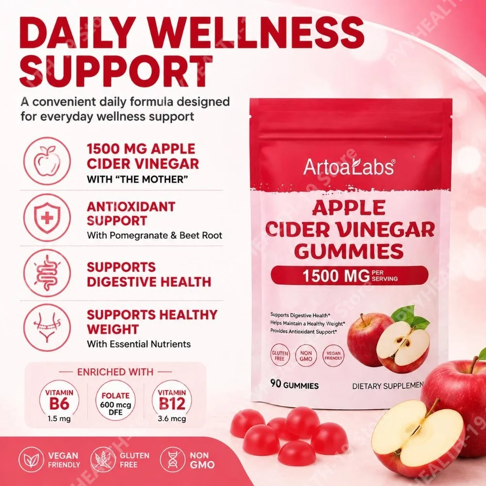 ArtoaLabs Apple Cider Vinegar Gummies 1500mg Pomegranate Beet Root For Digestive Weight Antioxidant Support, Adult, 90 Count
