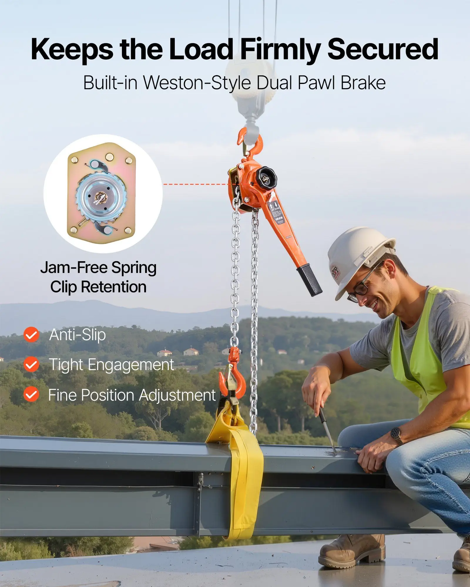 1.5T/3300LBS Manual Lever Chain Hoist 10FT G80 Alloy Steel Chain with Dual Pawl Brake & 360° Hooks for Warehouse Construction