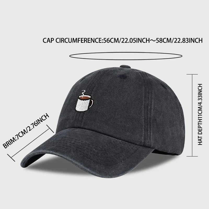 Embroidered Coffee Cup Print Washed Baseball Cap – Adjustable Unisex Sun Hat for Coffee Lovers, Perfect for Running and Fishing