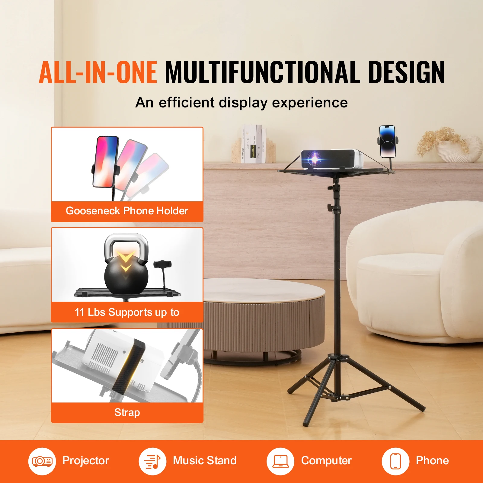 VEVOR Portable Projector Tripod Stand Adjustable Height with Tray & Gooseneck Phone Holder for Outdoor Movies Home Office Stage
