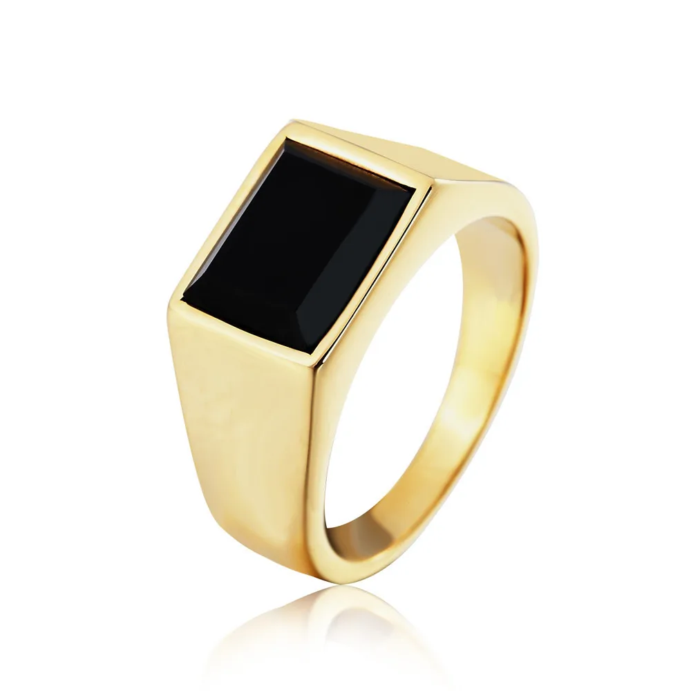 Vintage Fashion Gold/silver Color stainless steel Big Black Stone Square Men RinG Engraved Male Rings