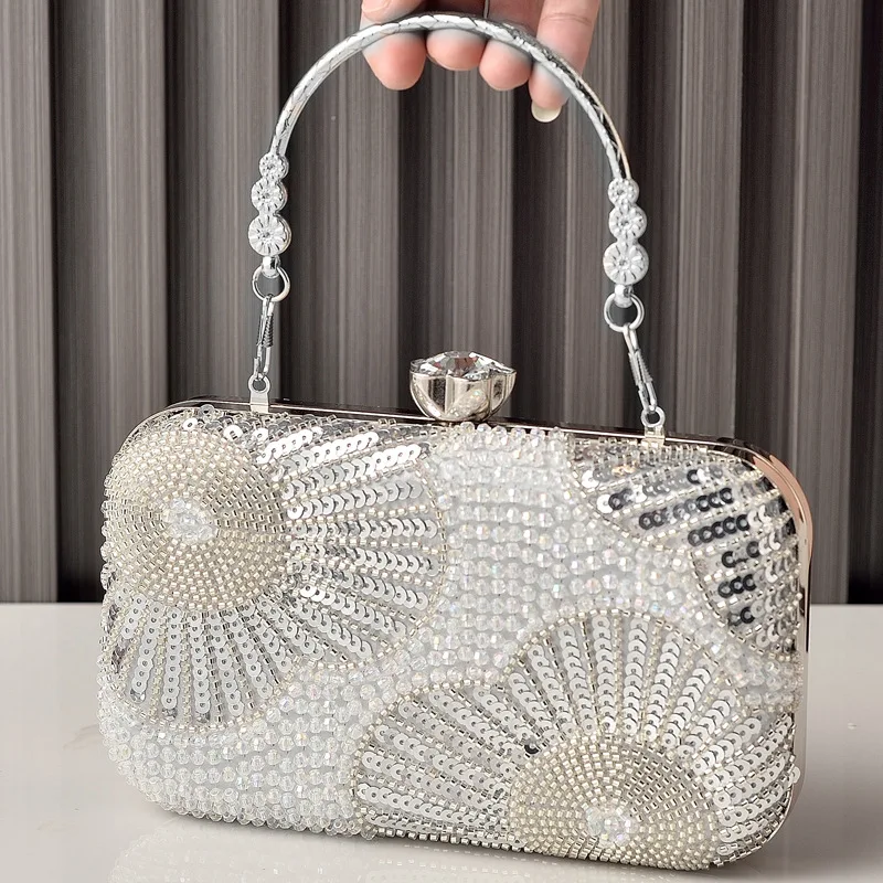 

Pearl Sequined Silver Wedding Party Bag Handmade Embroidery Beaded Banquet Dress Clutch Purse Ladies Evening Handbag Champagne