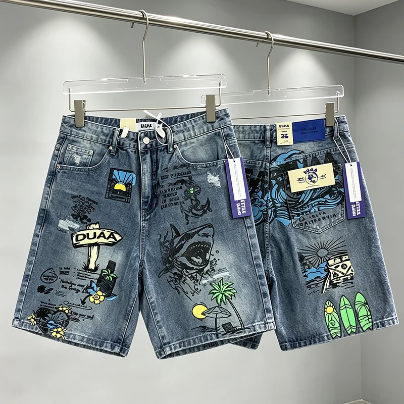DUAA Beach Theme Graffiti Print Denim Bermuda Shorts, Faded Washed Distressed Men Five Points Jean Shorts