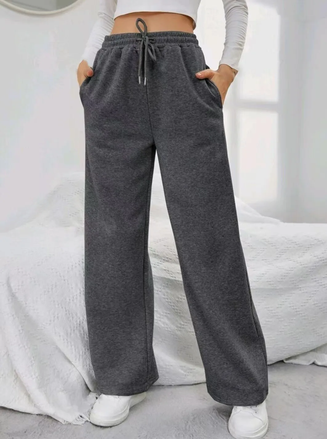 Pantalon de survêtement de sport taille haute pour femme, ample et épais, décontracté, avec cordon de serrage, taille élastique, Jogging, automne et hiver