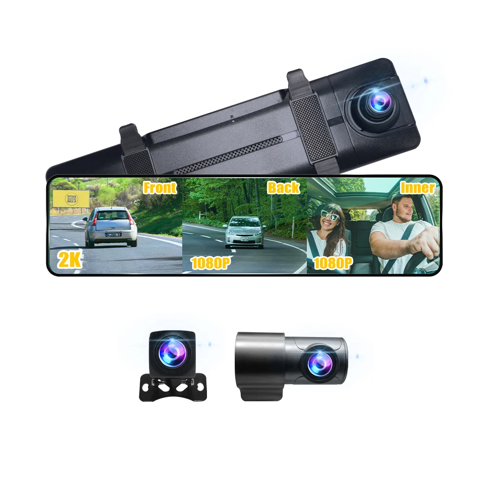 11.26 "miroir 3-CH caméras Portable Navigation GPS 2K enregistrement sans fil CarPlay Dash Cam DVR moniteur écrans voiture aide de recul