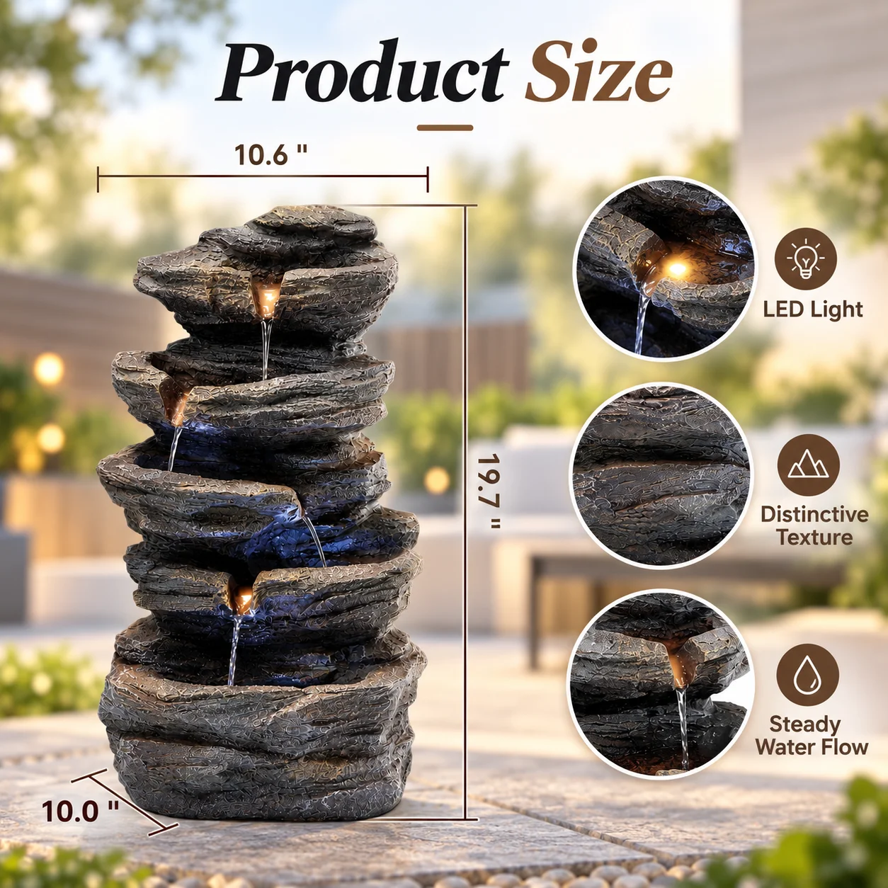 Outdoor Water Fountain with Lights, for Garden, Patio, Courtyard