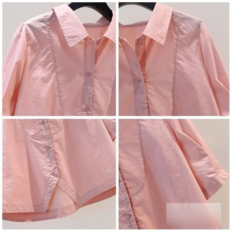 Cotone rosa Casual Allentato ort Sve irt Faion da donna Summer Design Sense Patchwork Top in puro cotone Colletto alla moda