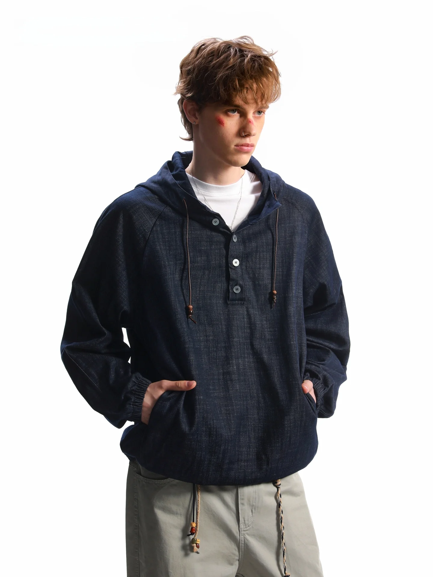 SDMADE American Retro Denim Hoodie Sweatshirt Men's Autumn Versatile Half Open Front Pull over Long Sleeve Hooded Jacket