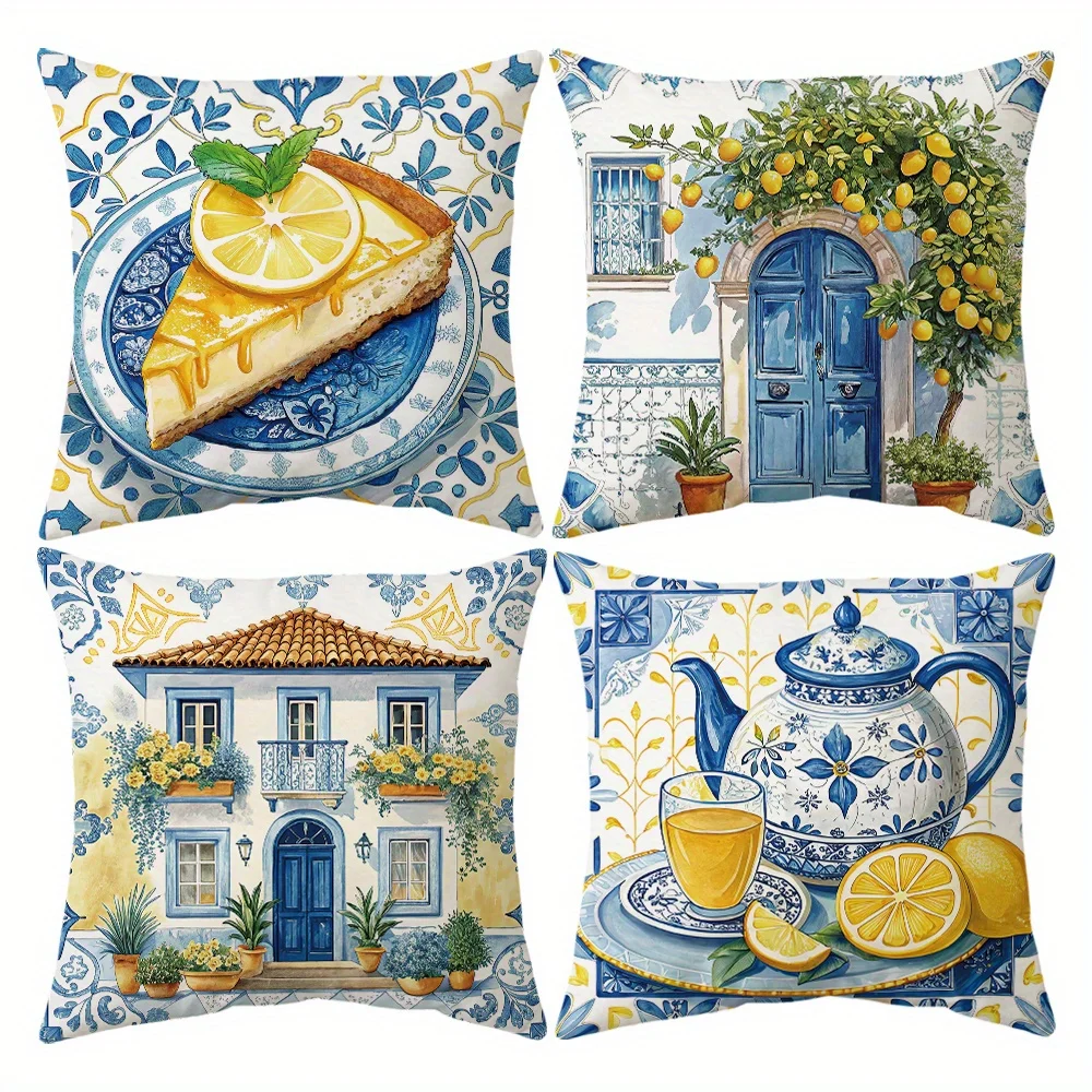 Juego de fundas de almohada con estampado mediterráneo vintage, 4 piezas, azul limón, fundas de cojín decorativas para patio costero, decoración del hogar, 45x45 cm