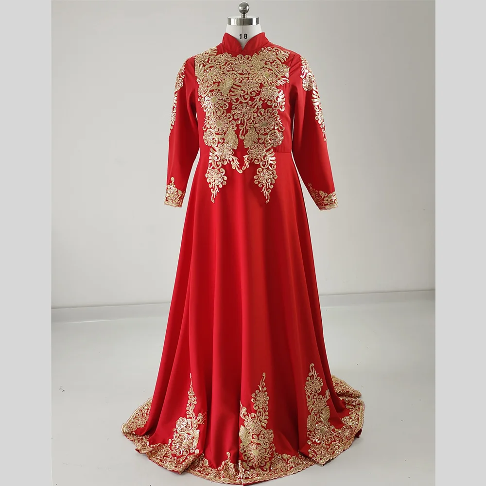 Feelingarden Muslim Evening Dress Real Photo Plus size Red Golden Appliques high neck A-Line Floor length Lady Party Gowns K341