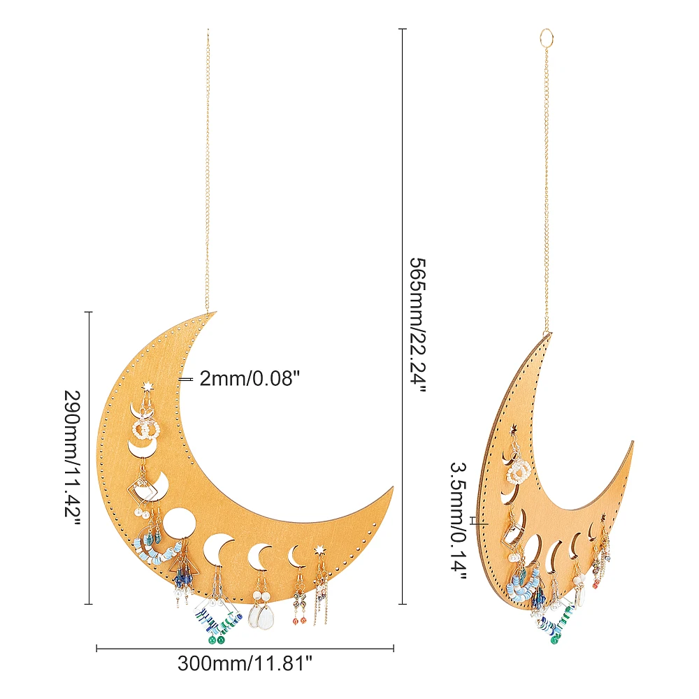 1pc Wood Earring Displays with Iron Cable Chain Moon Peru 56.5cm for Handmade