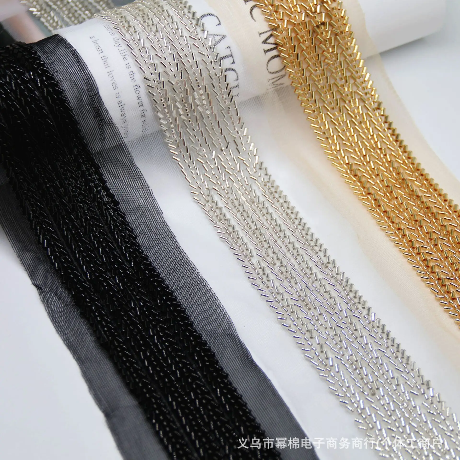 1y Gold Black Heavy Handmade Beaded Lace Ribbon Tape Trim Embroidered Collar Decoration African Net Cord For Sewing 4cm Wide