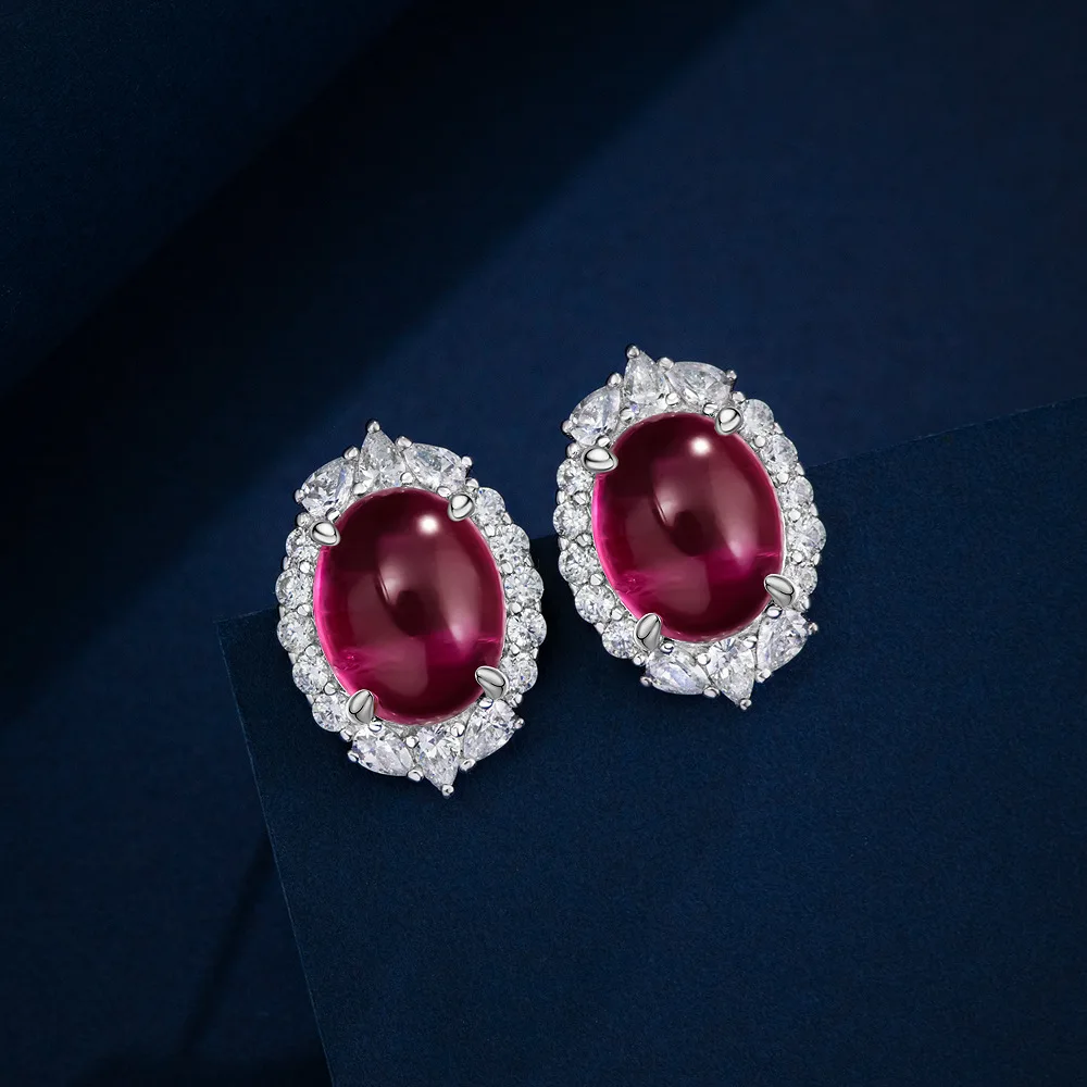 

New S925 silver temperament egg face 8 * 10 emerald 3ct ruby plain face surrounded by exquisite earrings wedding jewelry