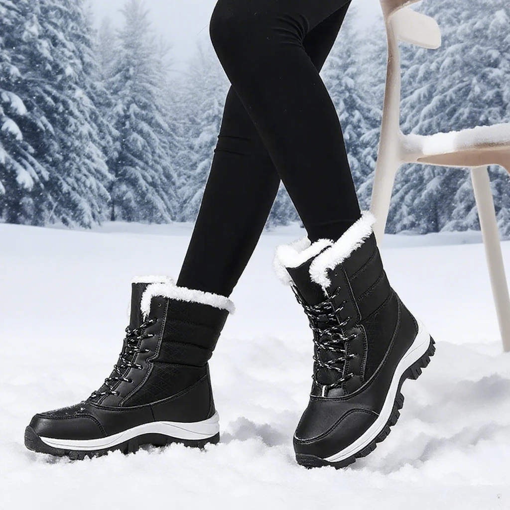 

2025 Winter Women's Waterproof High Heel Boots Strap Up Flat Heel Boots Warm Snow Shoes, Plush Outdoor Fashion Casual Boots